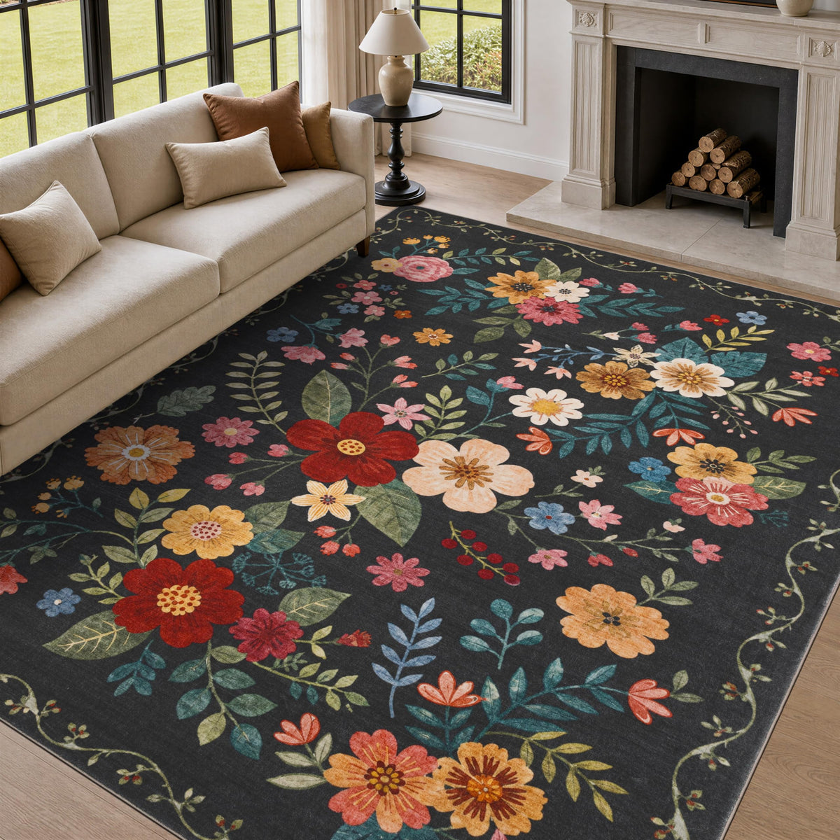 JOLLYVOGUE Floral Area Rug 5x7, Washable Rug for Living Room, Light Blue