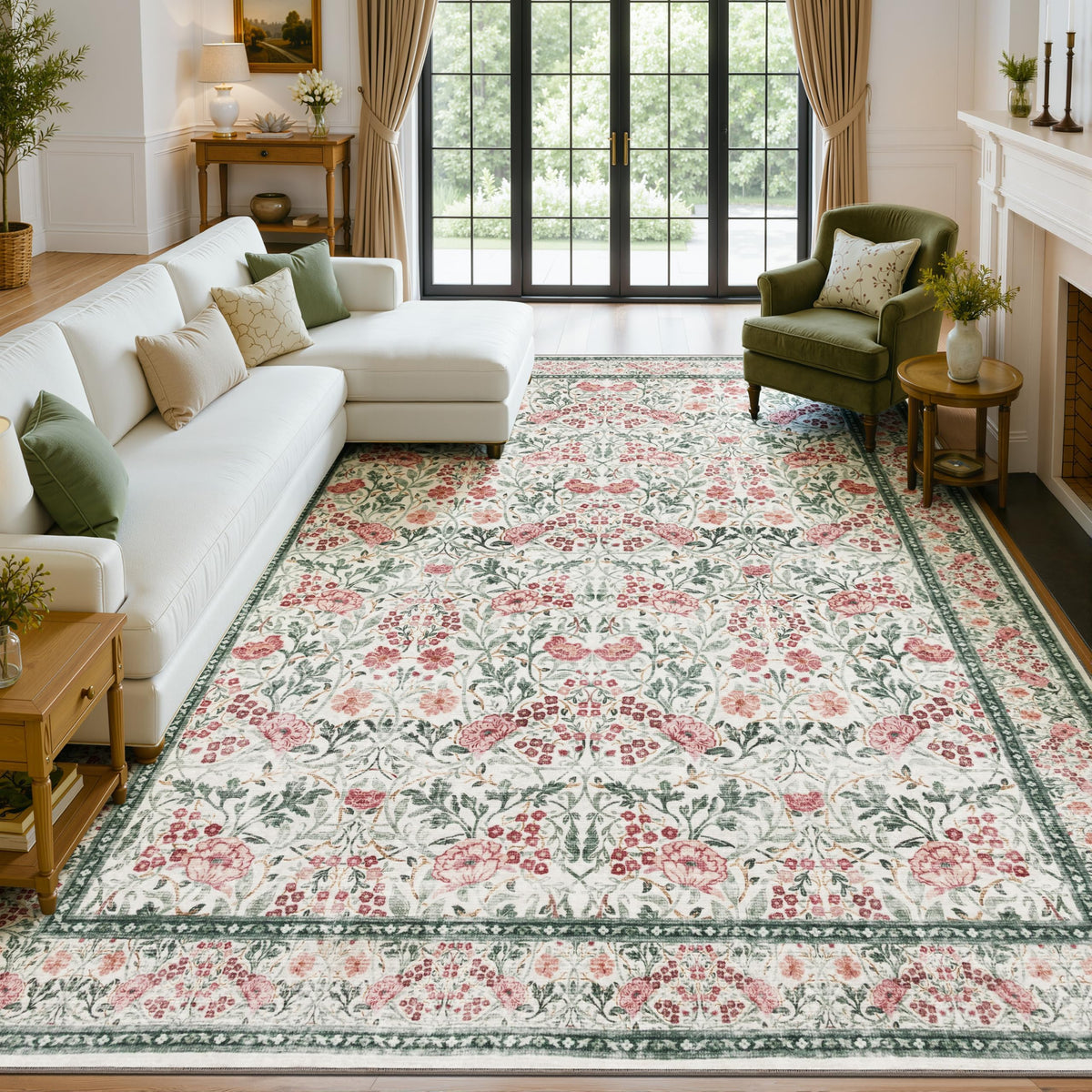 JOLLYVOGUE 6x9 Area Rug, Floral Washable Rug for Living Room, Beige/Blue