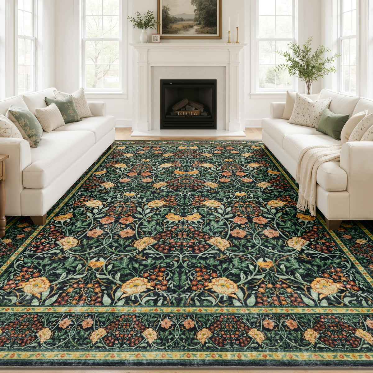 JOLLYVOGUE 6x9 Area Rug, Floral Washable Rug for Living Room, Beige/Blue
