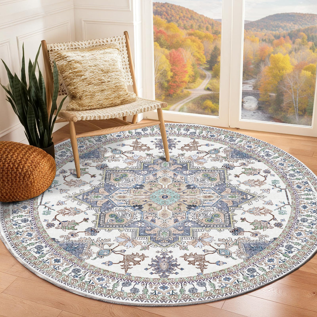 OPPODREAM Soft Area Rugs 5x7, Persian-Inspired Washable Rug, Blue & Gold