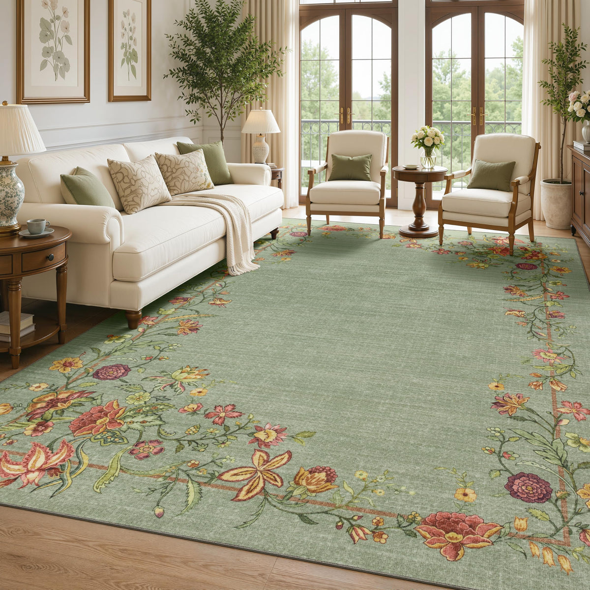 JOLLYVOGUE 4x6 Area Rug, Washable Rug Floral Border, Off-White