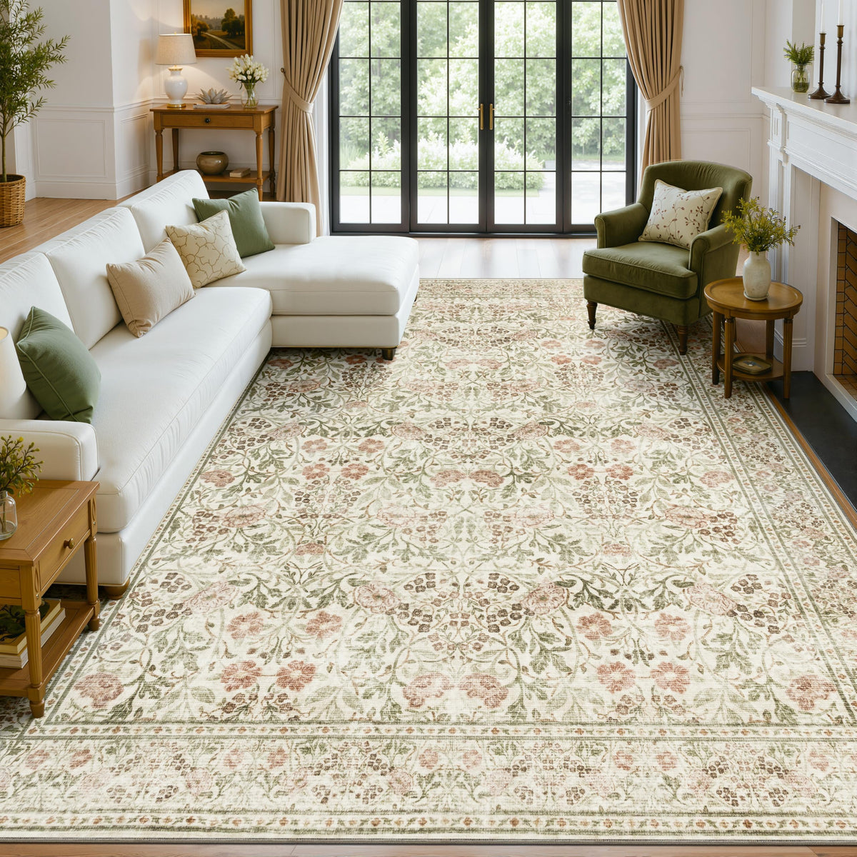 JOLLYVOGUE 6x9 Area Rug, Floral Washable Rug for Living Room, Beige/Blue