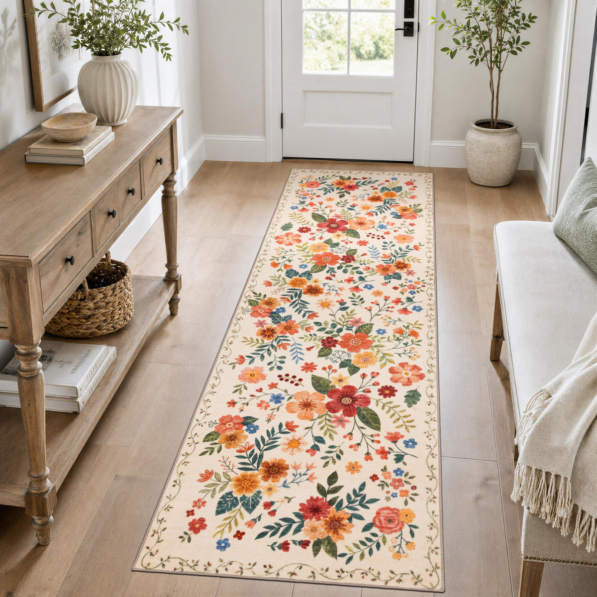 JOLLYVOGUE Floral Area Rug 5x7, Washable Rug for Living Room, Light Blue
