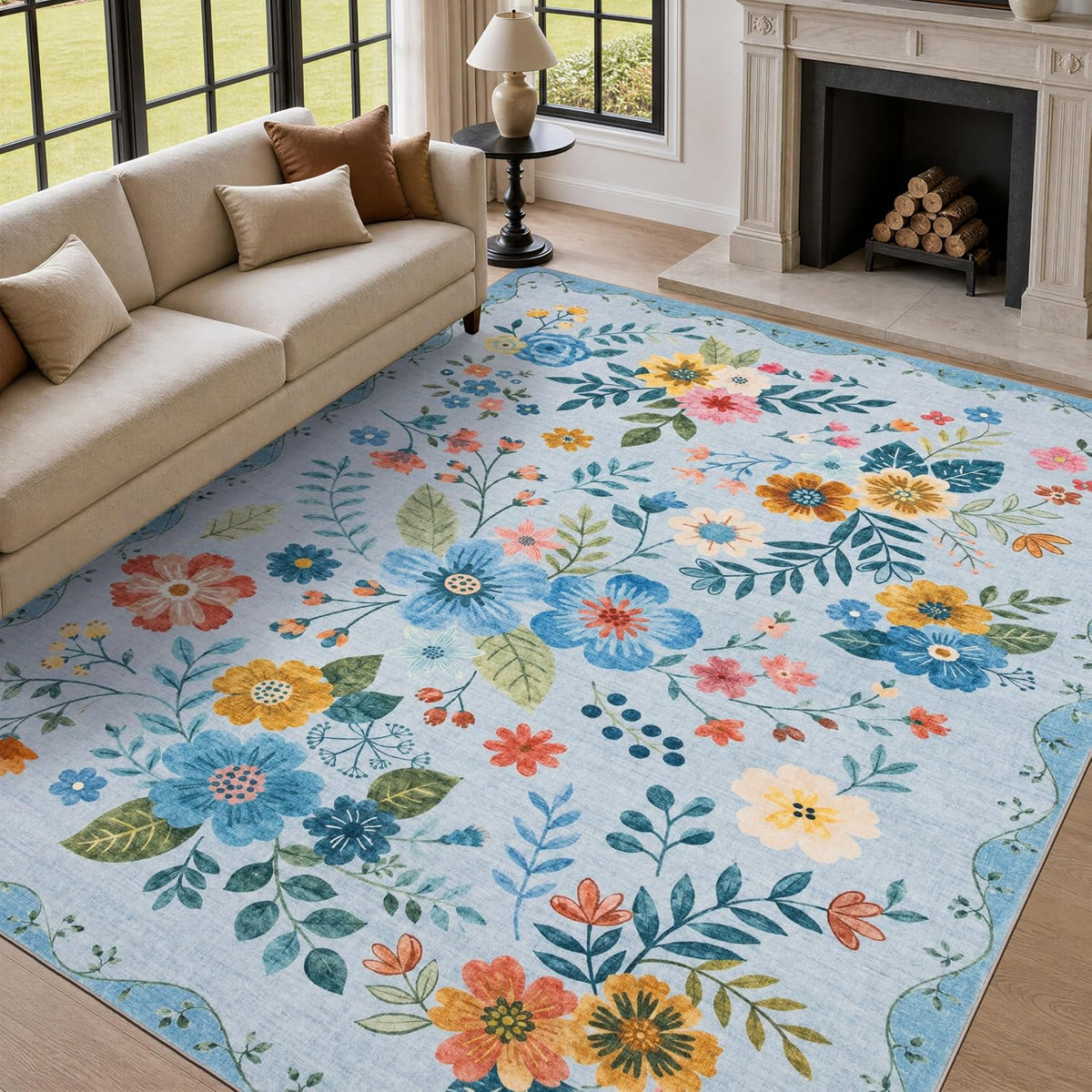 JOLLYVOGUE Floral Area Rug 5x7, Washable Rug for Living Room, Light Blue
