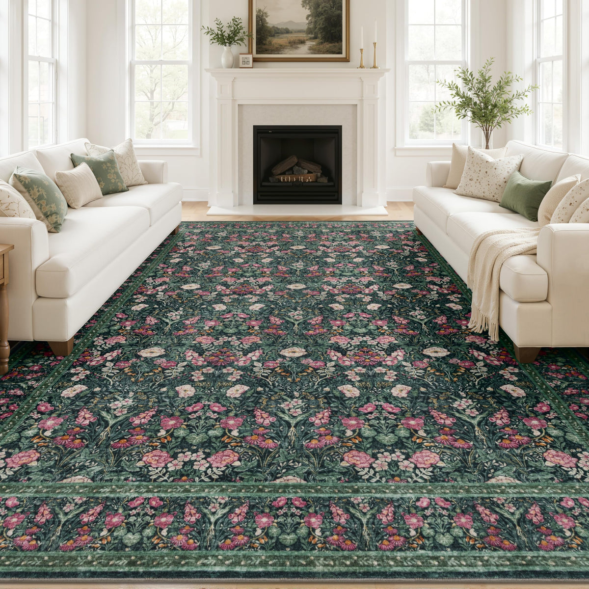 JOLLYVOGUE 6x9 Area Rug, Floral Washable Rug for Living Room, Beige/Blue