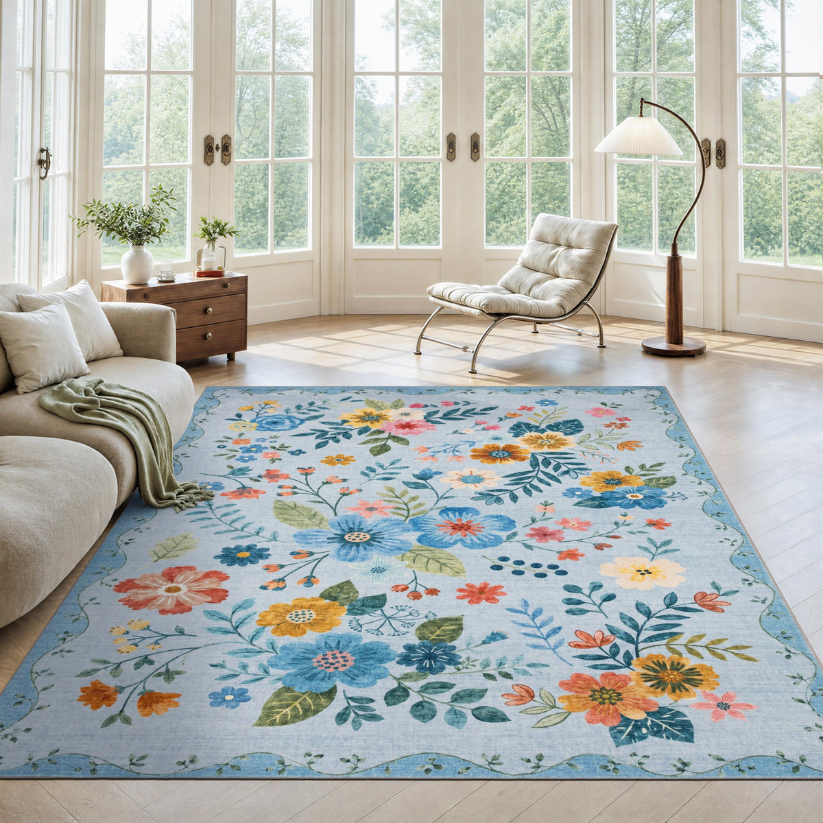 JOLLYVOGUE Floral Area Rug 5x7, Washable Rug for Living Room, Light Blue