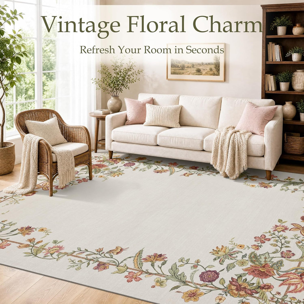 JOLLYVOGUE 4x6 Area Rug, Washable Rug Floral Border, Off-White