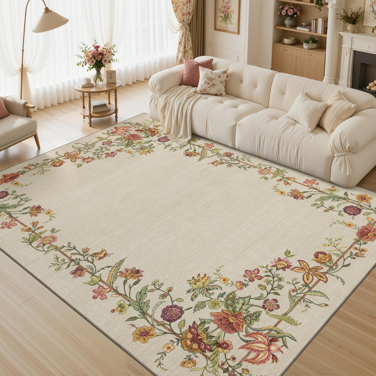 JOLLYVOGUE 4x6 Area Rug, Washable Rug Floral Border, Off-White