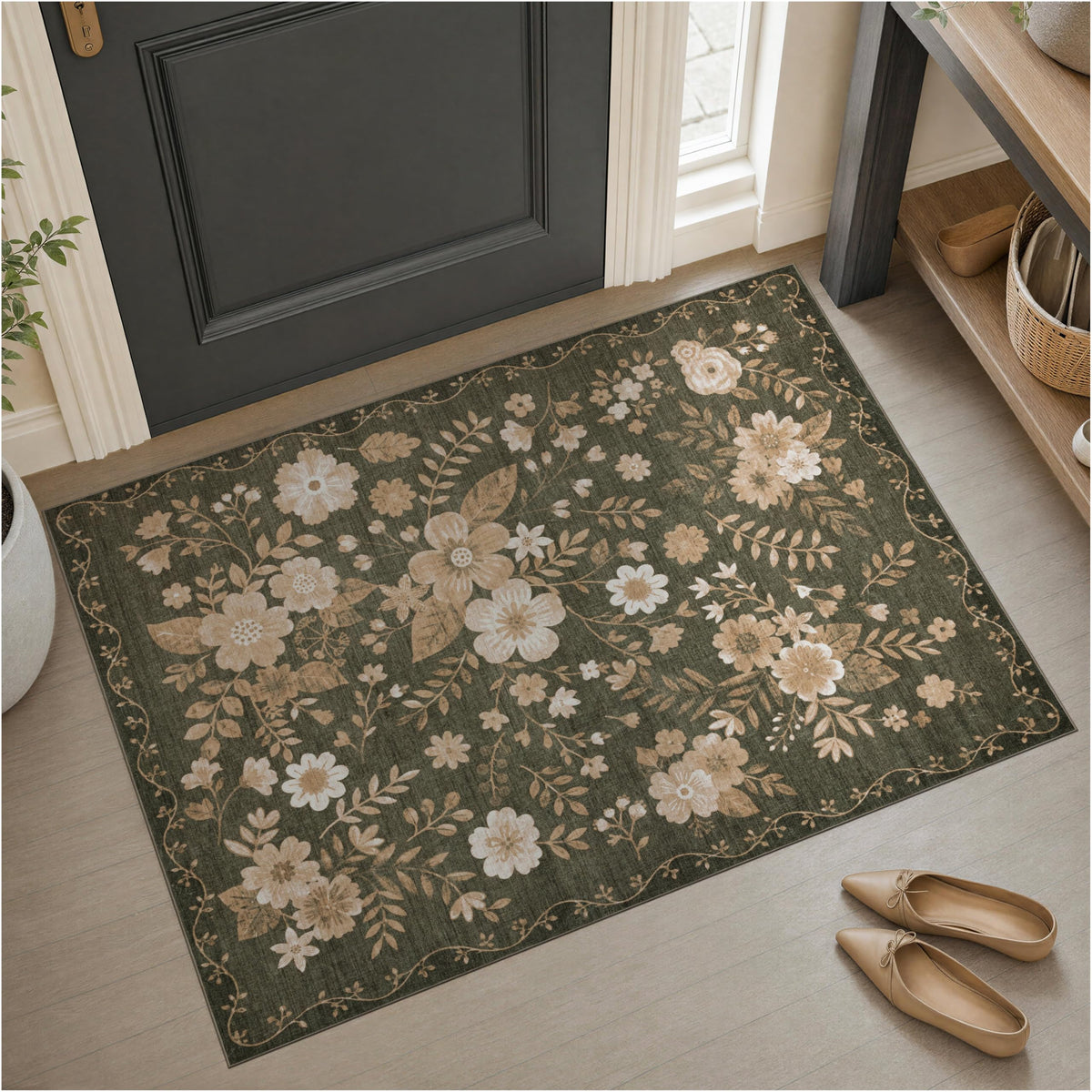 JOLLYVOGUE Floral Area Rug 5x7, Washable Rug for Living Room, Light Blue