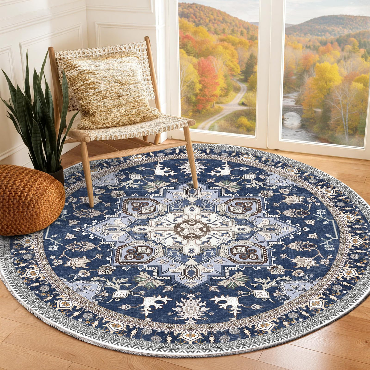 OPPODREAM Soft Area Rugs 5x7, Persian-Inspired Washable Rug, Blue & Gold