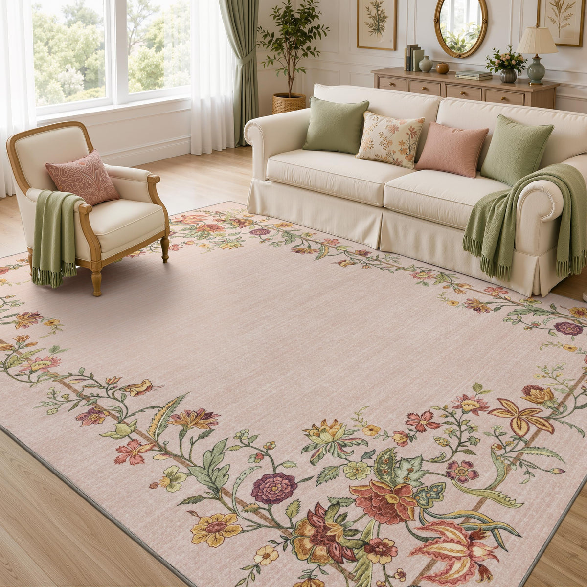 JOLLYVOGUE 4x6 Area Rug, Washable Rug Floral Border, Off-White