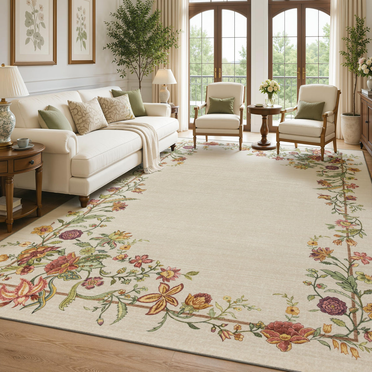 JOLLYVOGUE 4x6 Area Rug, Washable Rug Floral Border, Off-White