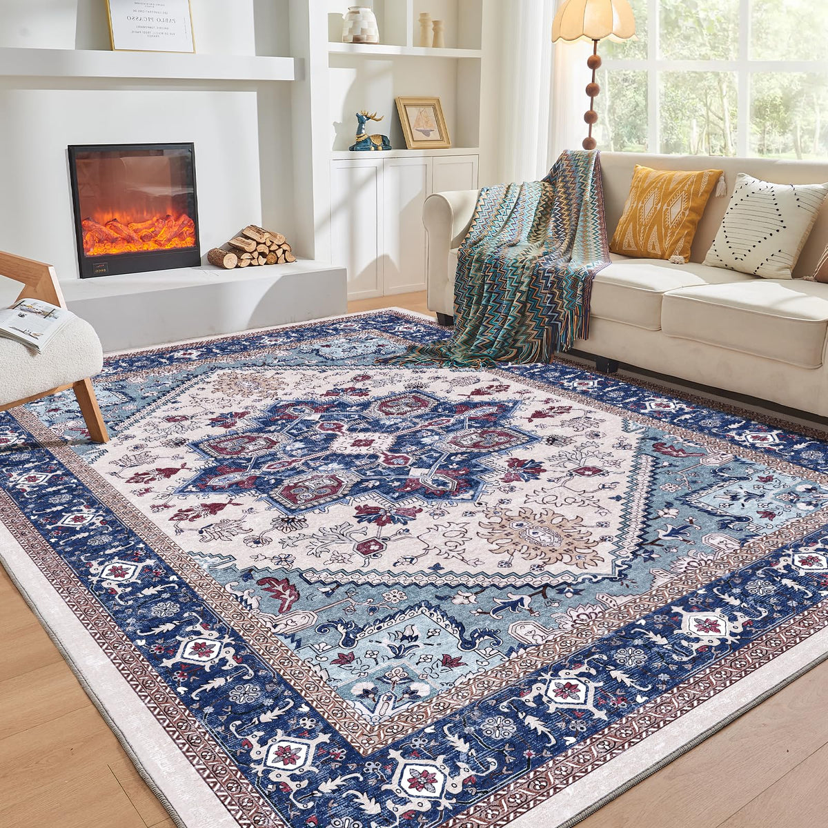OPPODREAM Soft Area Rugs 5x7, Persian-Inspired Washable Rug, Blue & Gold