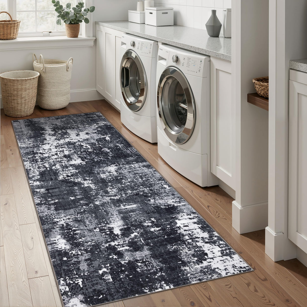Sasttie 8x10 Washable Area Rug, Modern Abstract Large Carpet, Black & White