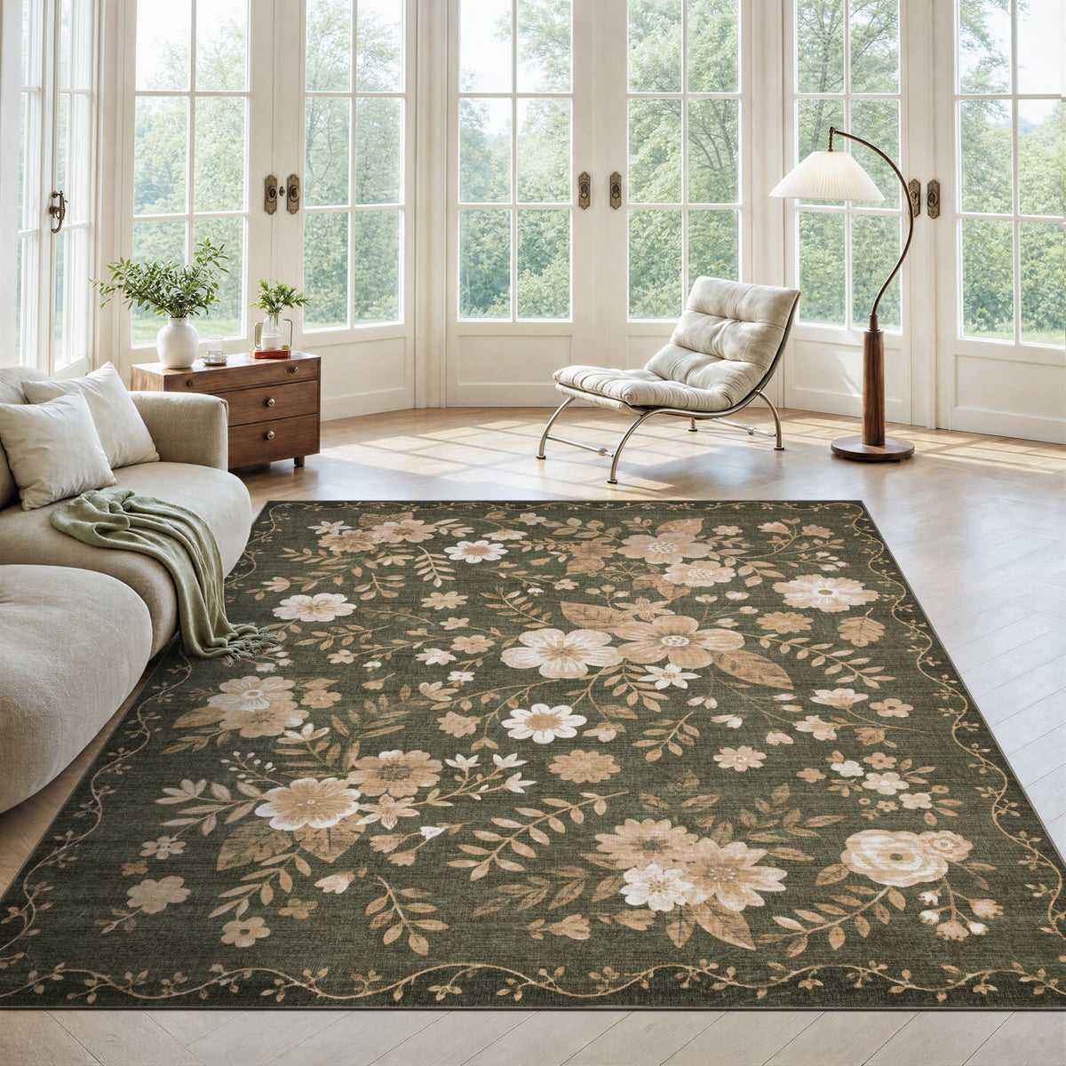 JOLLYVOGUE Floral Area Rug 5x7, Washable Rug for Living Room, Light Blue