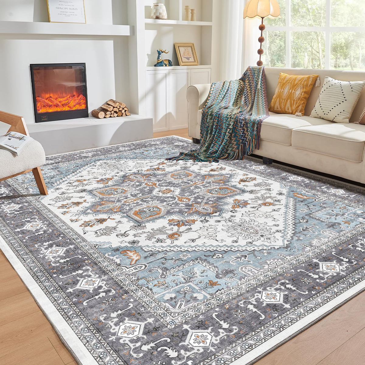 OPPODREAM Soft Area Rugs 5x7, Persian-Inspired Washable Rug, Blue & Gold
