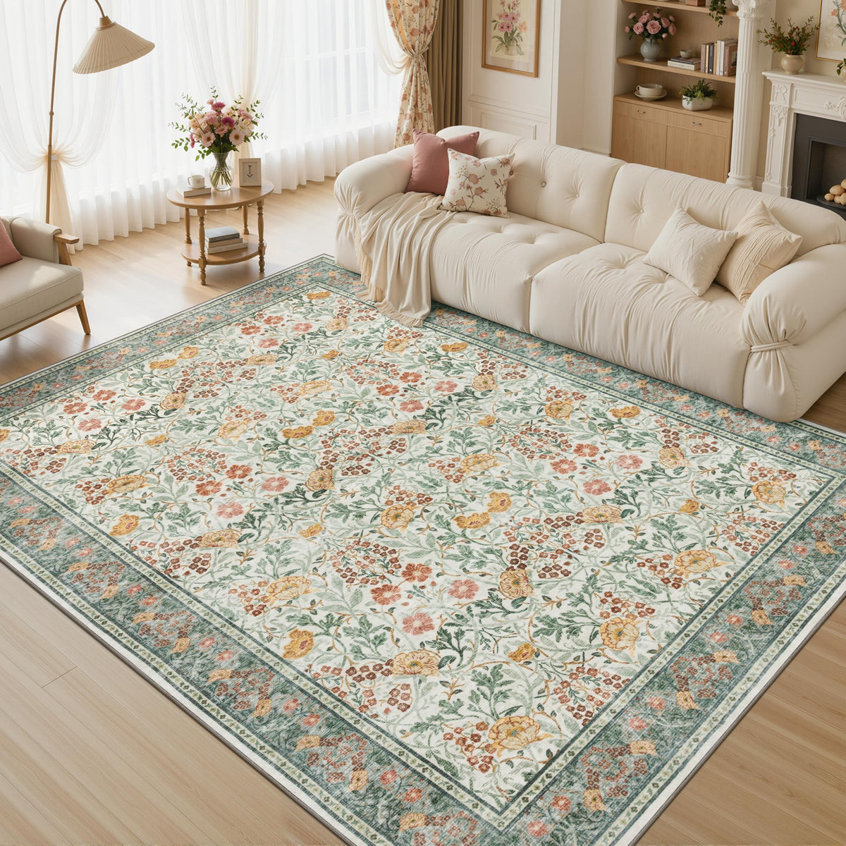 JOLLYVOGUE 6x9 Area Rug, Floral Washable Rug for Living Room, Beige/Blue