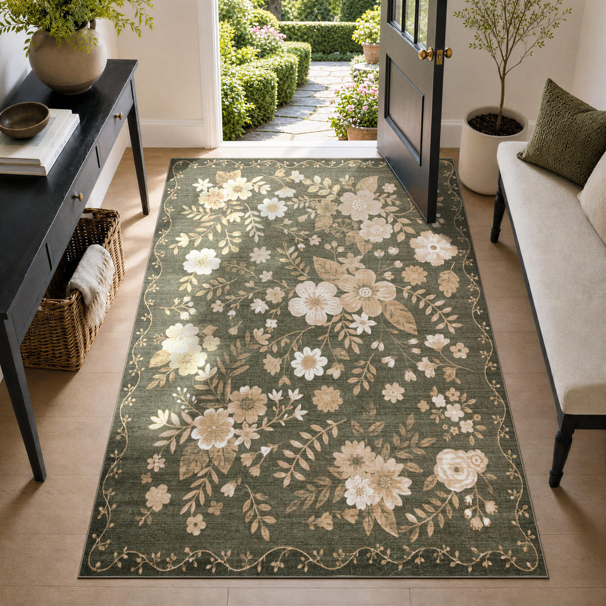JOLLYVOGUE Floral Area Rug 5x7, Washable Rug for Living Room, Light Blue
