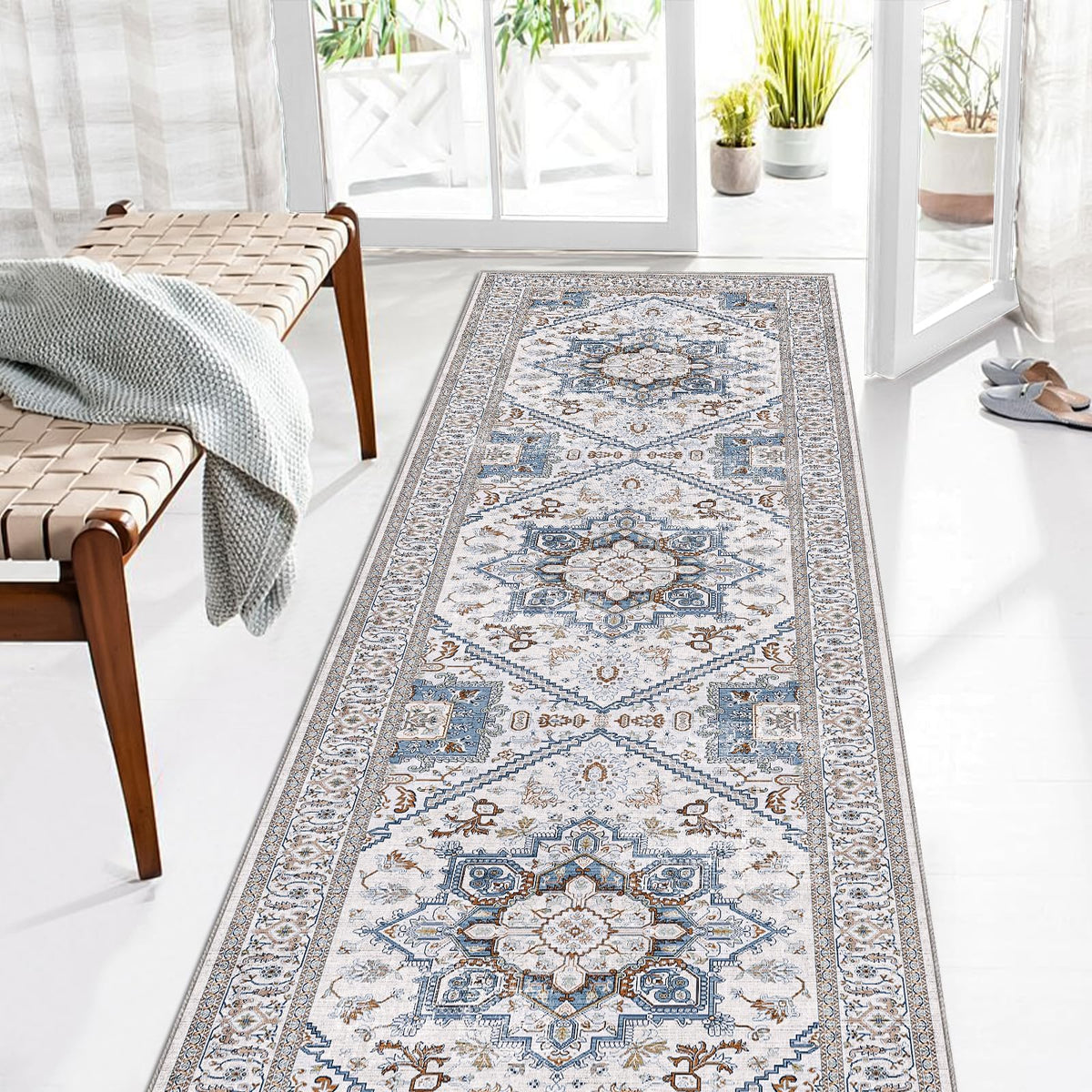 OPPODREAM Soft Area Rugs 5x7, Persian-Inspired Washable Rug, Blue & Gold