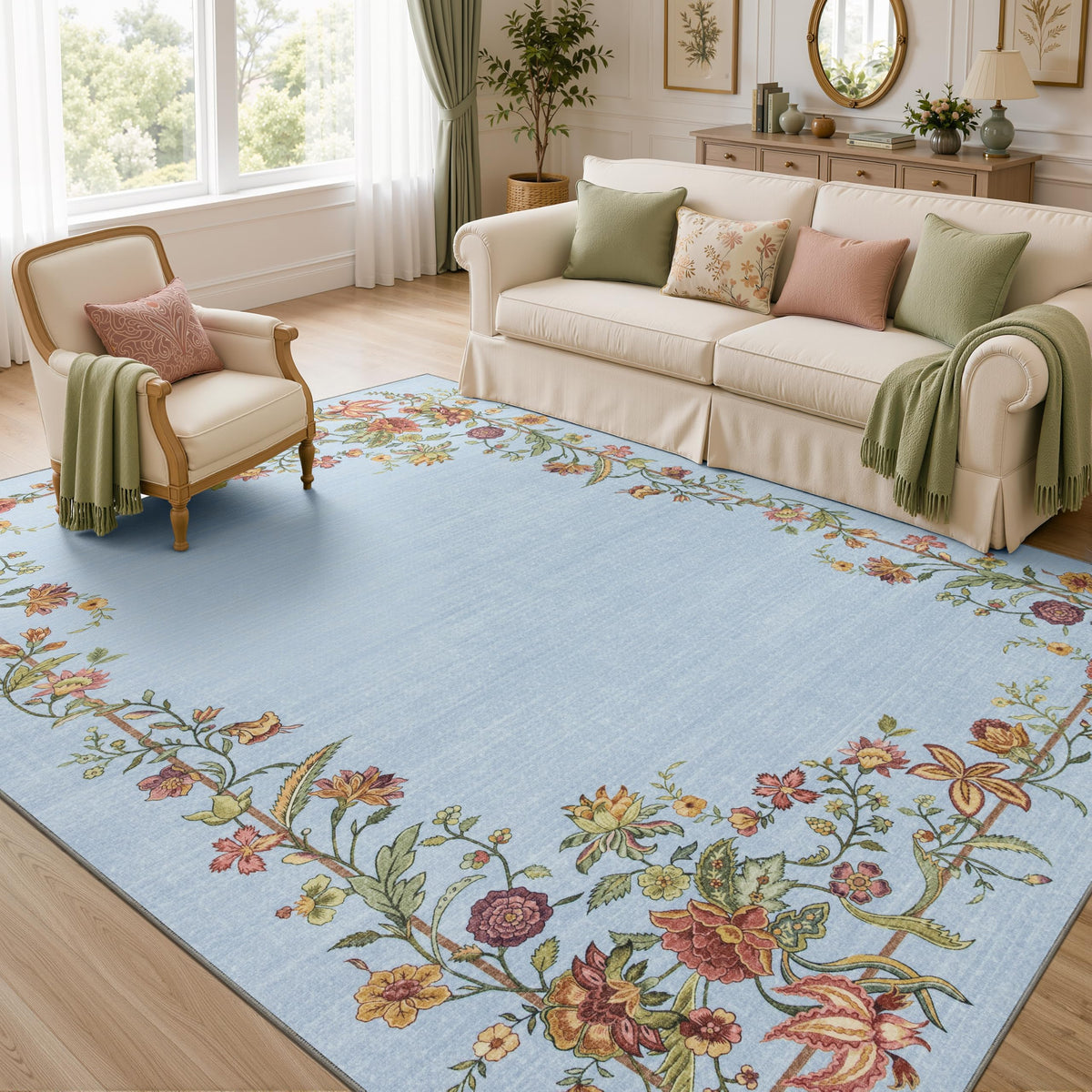 JOLLYVOGUE 4x6 Area Rug, Washable Rug Floral Border, Off-White