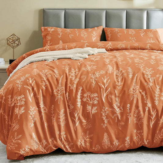 JOLLYVOGUE Duvet Cover Queen Size, Reversible Floral Beige Duvet Cover Set with Zipper Closure, 3 Pieces Botanical Patterns Soft Microfiber Bedding Set with 4 Ties (90x90, 2 Pillow Cases)