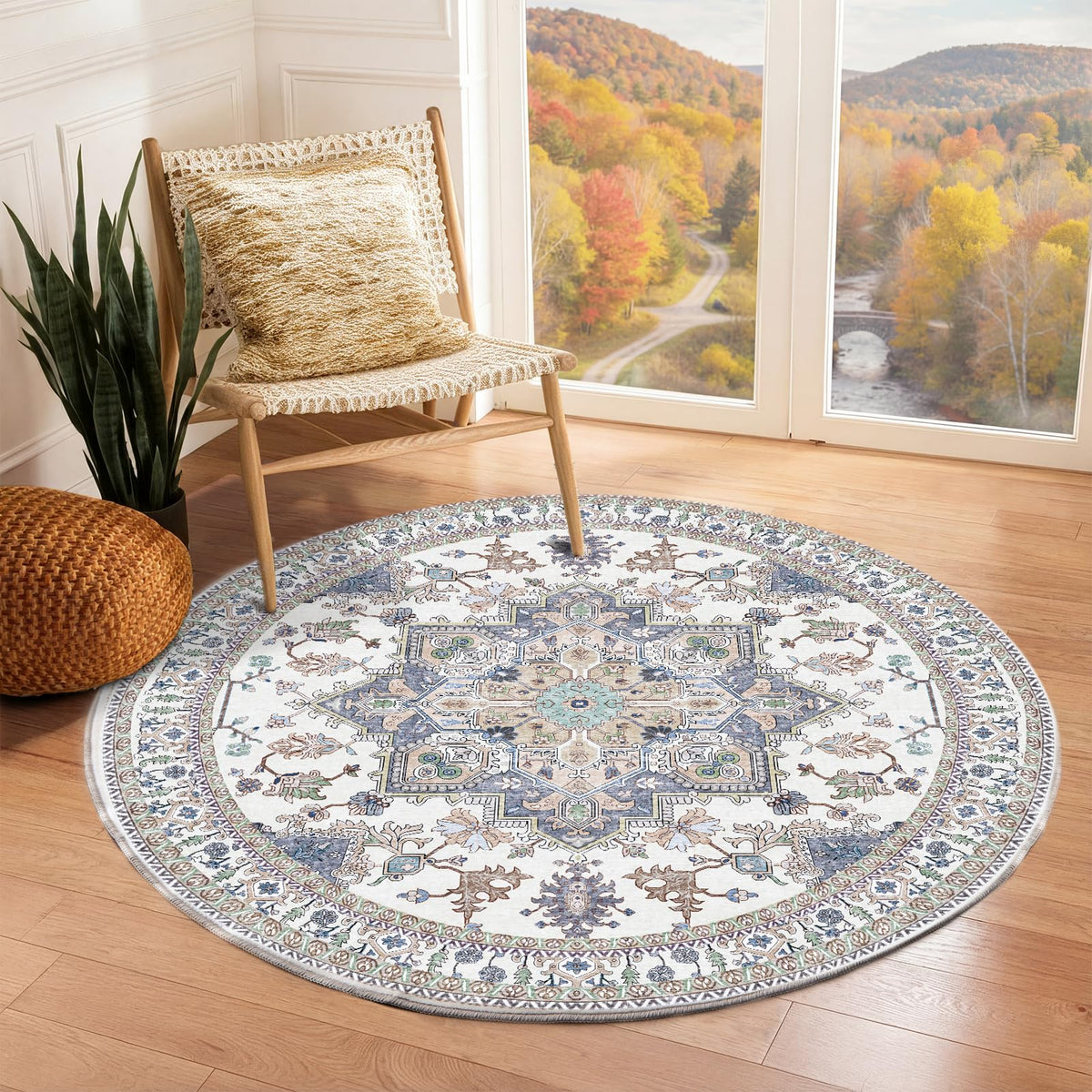OPPODREAM Soft Area Rugs 5x7, Persian-Inspired Washable Rug, Blue & Gold