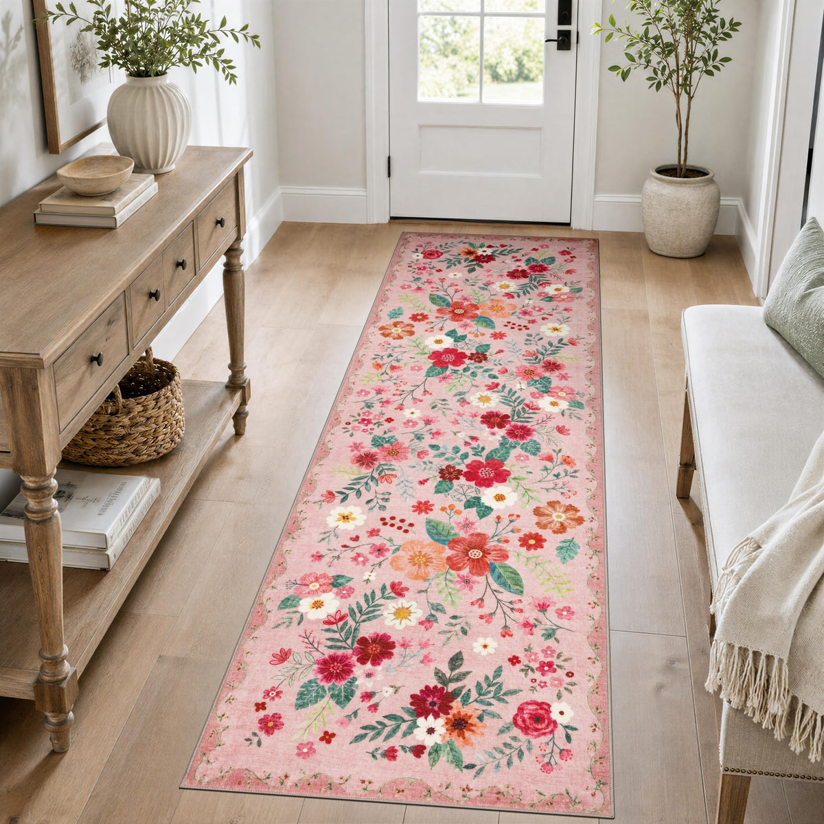 JOLLYVOGUE Floral Area Rug 5x7, Washable Rug for Living Room, Light Blue
