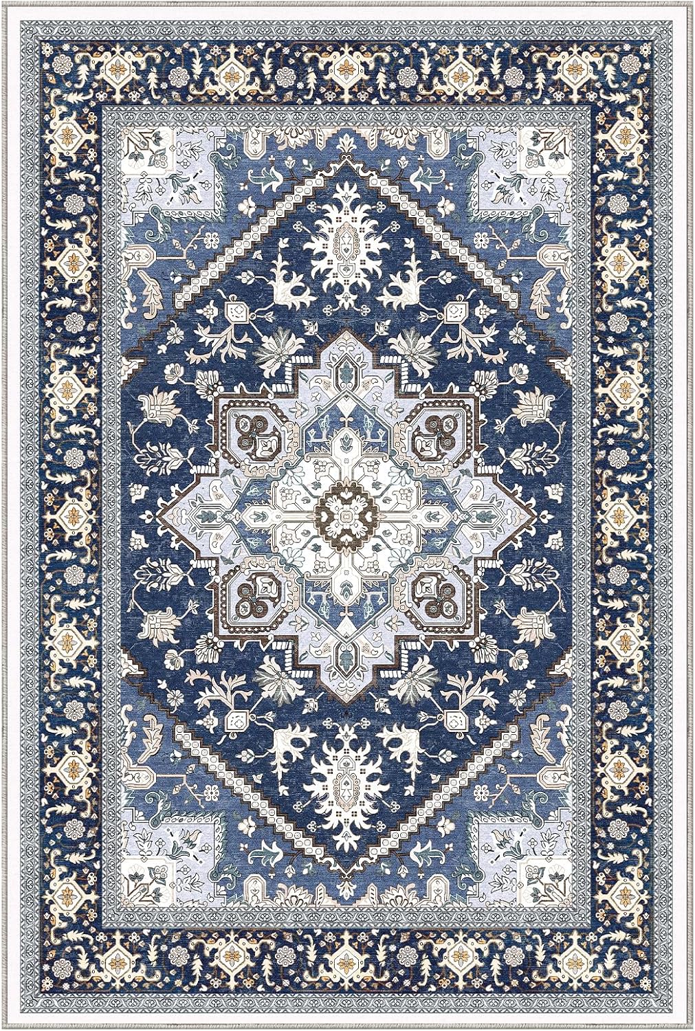 OPPODREAM Soft Area Rugs 5x7, Persian-Inspired Washable Rug, Blue & Gold