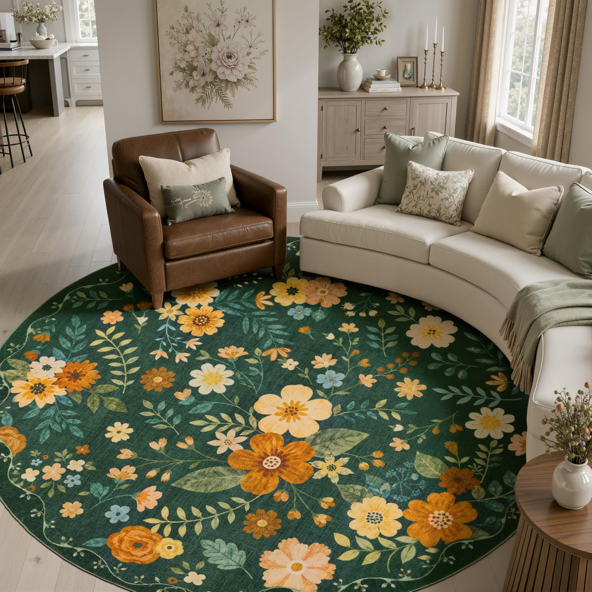 JOLLYVOGUE Floral Area Rug 5x7, Washable Rug for Living Room, Light Blue