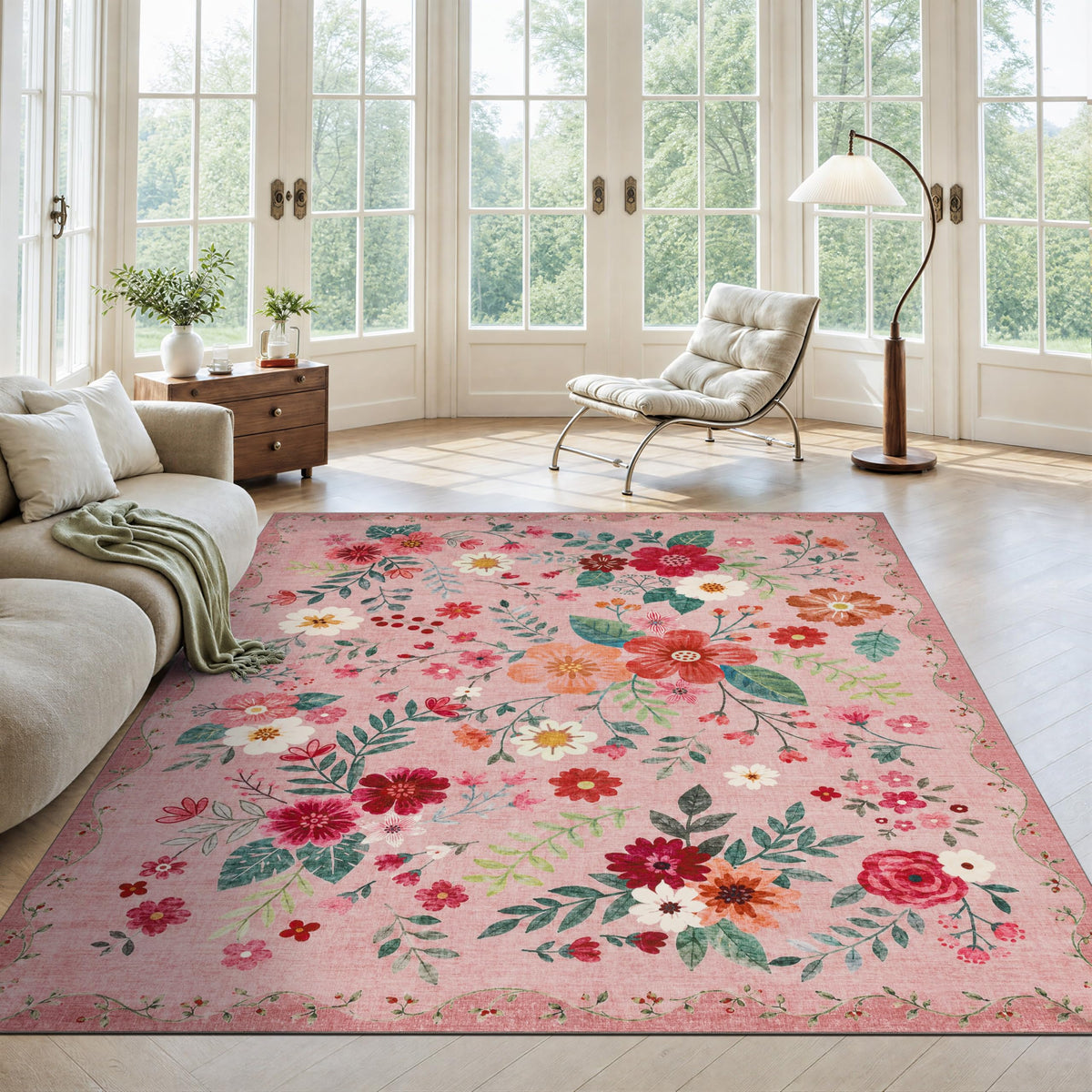 JOLLYVOGUE Floral Area Rug 5x7, Washable Rug for Living Room, Light Blue