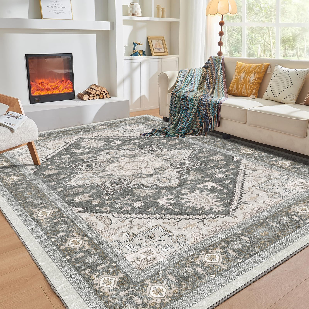 OPPODREAM Soft Area Rugs 5x7, Persian-Inspired Washable Rug, Blue & Gold