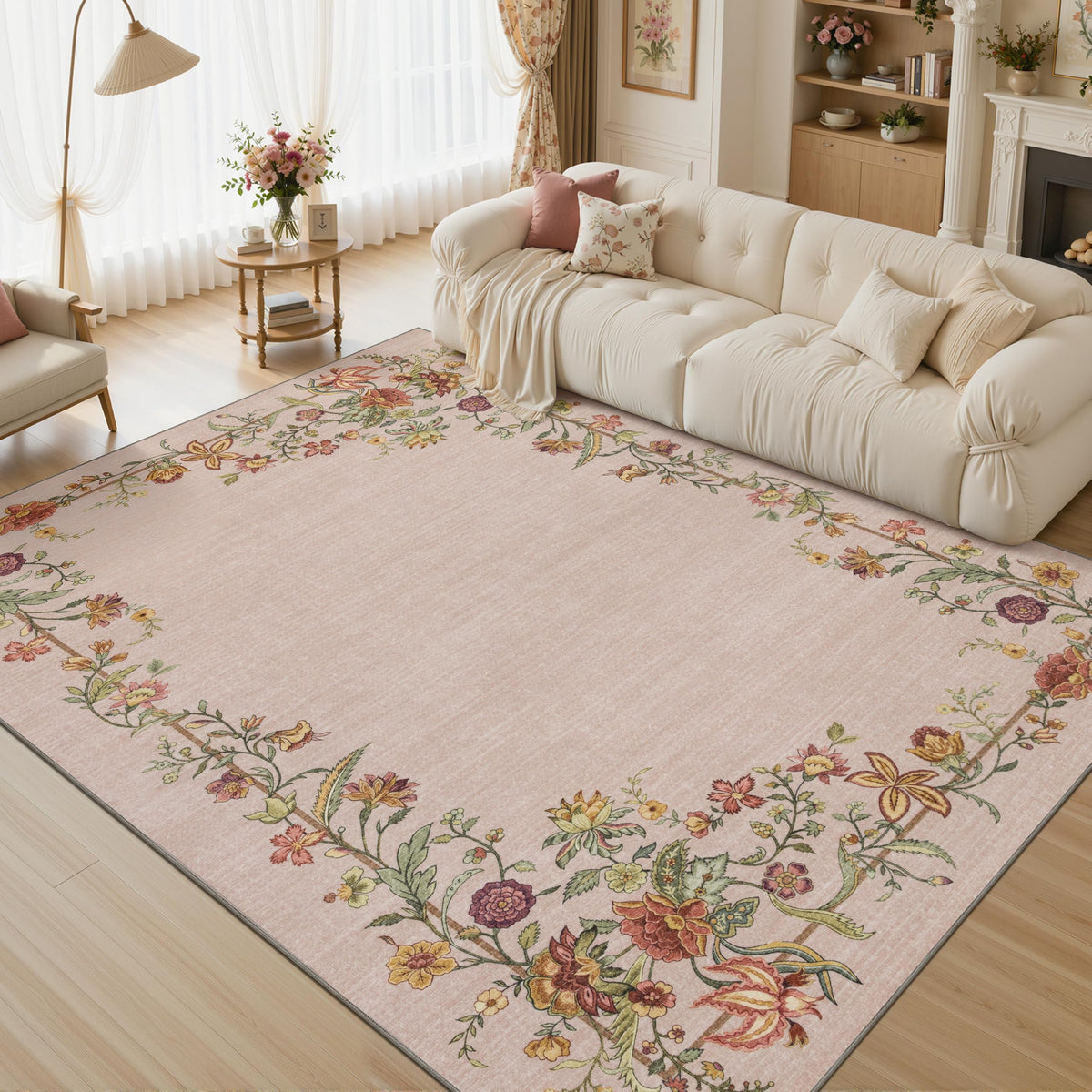 JOLLYVOGUE 4x6 Area Rug, Washable Rug Floral Border, Off-White