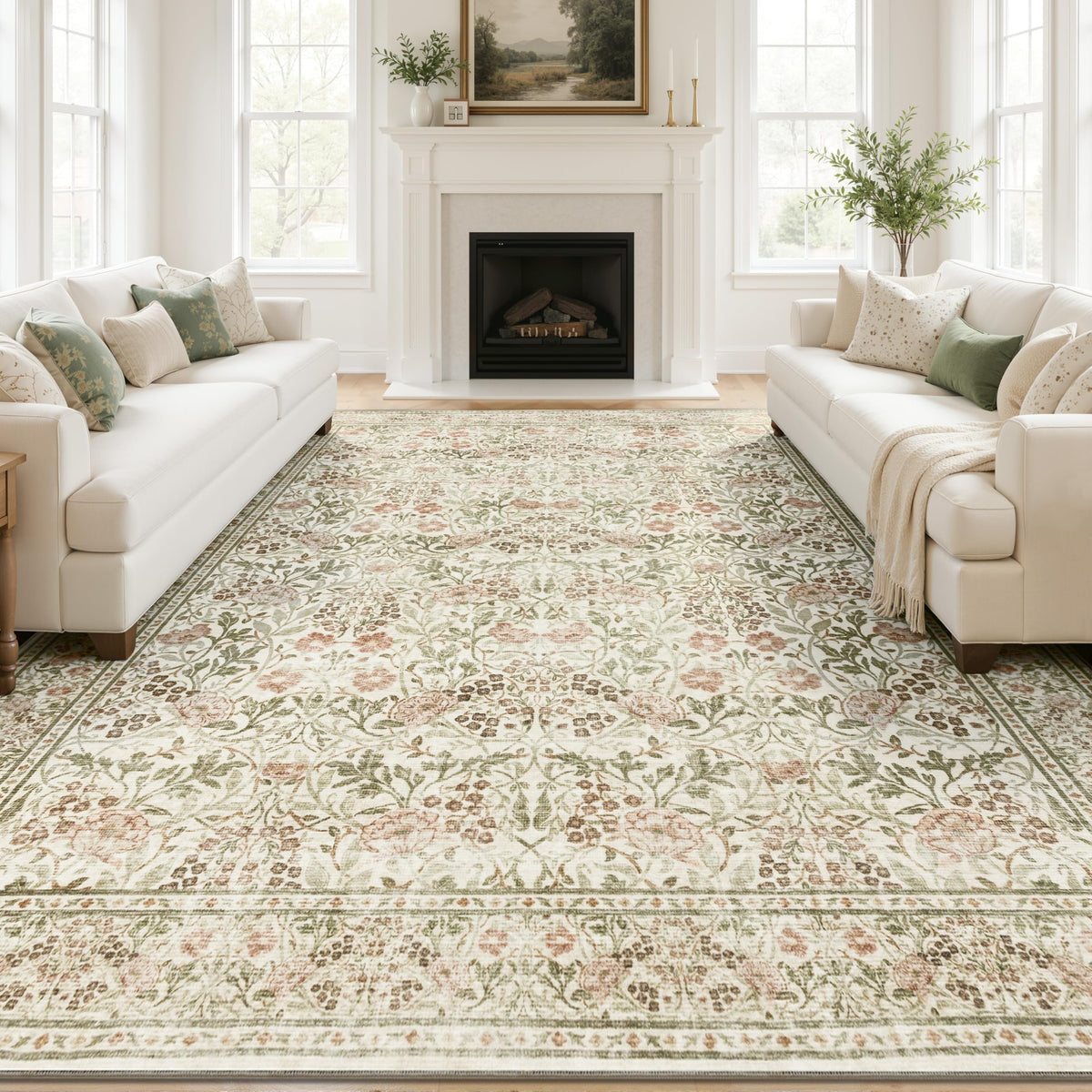JOLLYVOGUE 6x9 Area Rug, Floral Washable Rug for Living Room, Beige/Blue