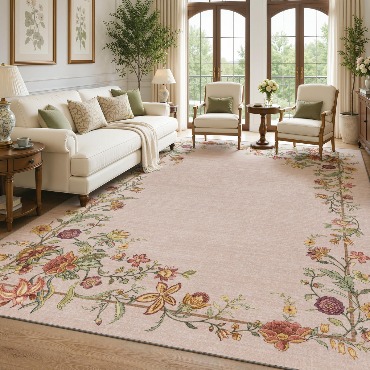 JOLLYVOGUE 4x6 Area Rug, Washable Rug Floral Border, Off-White