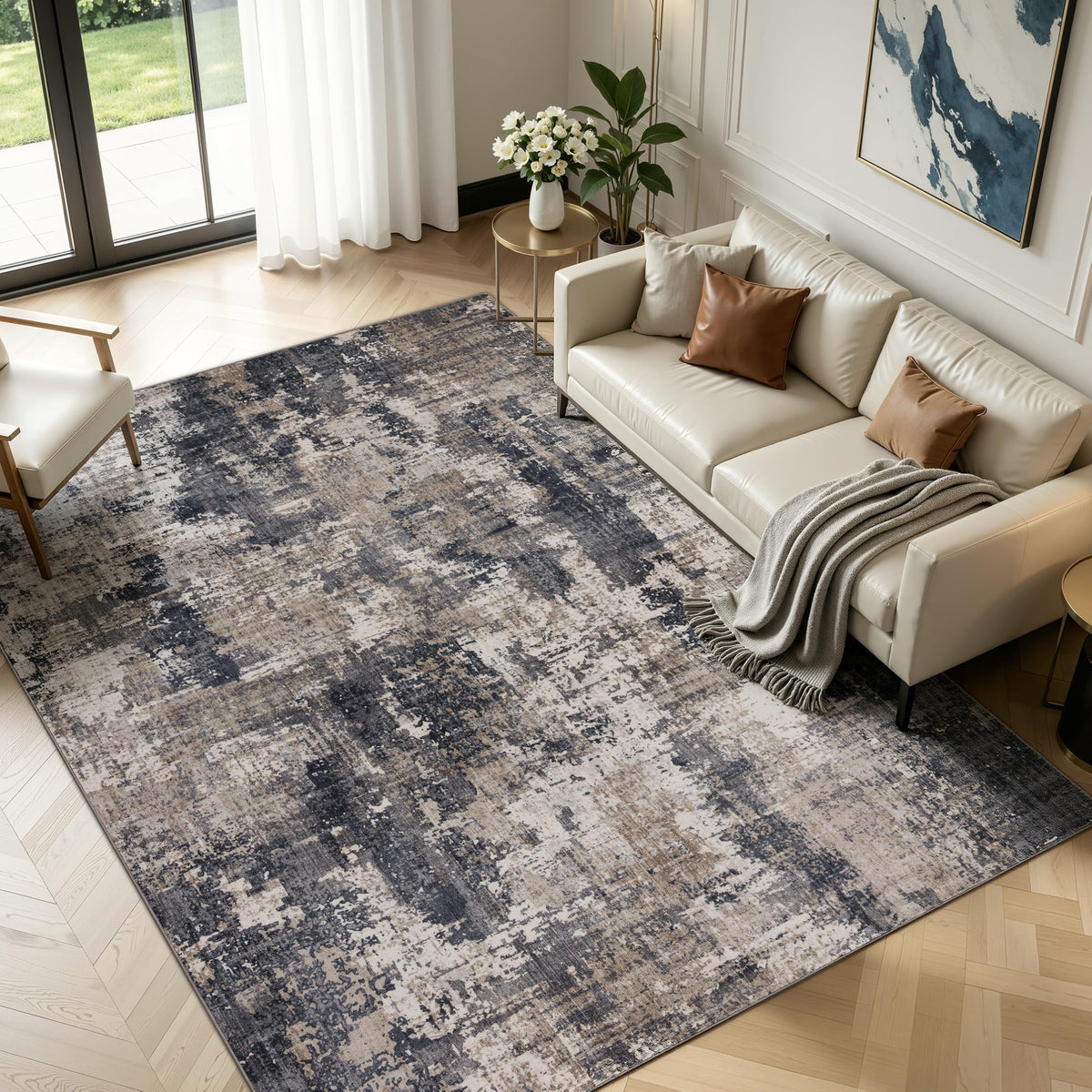 Sasttie 8x10 Washable Area Rug, Modern Abstract Large Carpet, Black & White