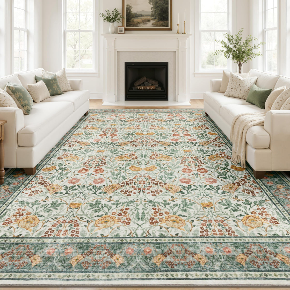 JOLLYVOGUE 6x9 Area Rug, Floral Washable Rug for Living Room, Beige/Blue