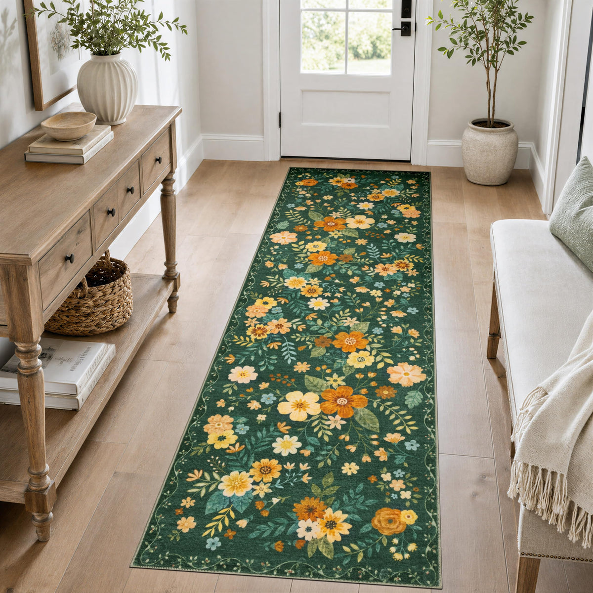 JOLLYVOGUE Floral Area Rug 5x7, Washable Rug for Living Room, Light Blue