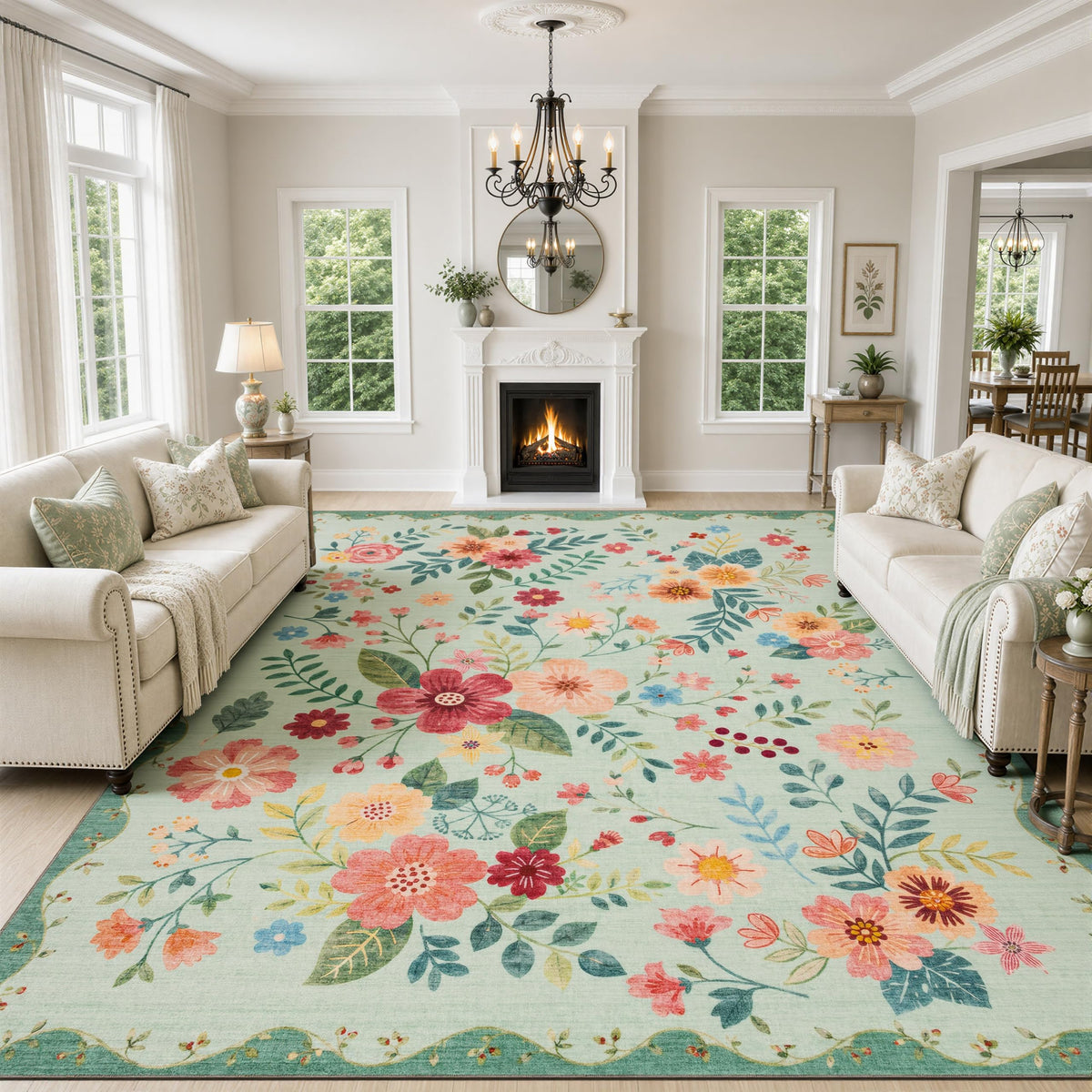 JOLLYVOGUE Floral Area Rug 5x7, Washable Rug for Living Room, Light Blue