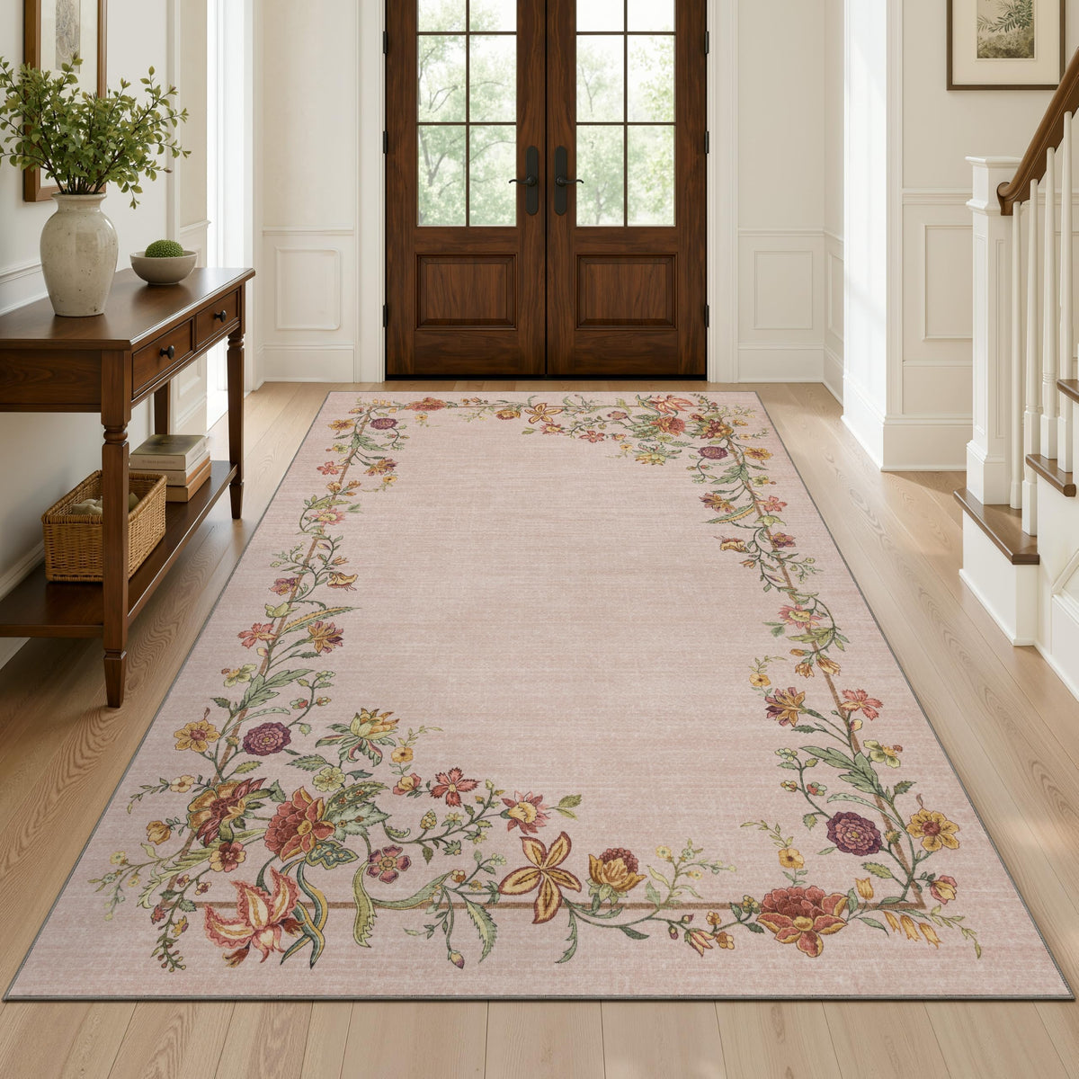 JOLLYVOGUE 4x6 Area Rug, Washable Rug Floral Border, Off-White
