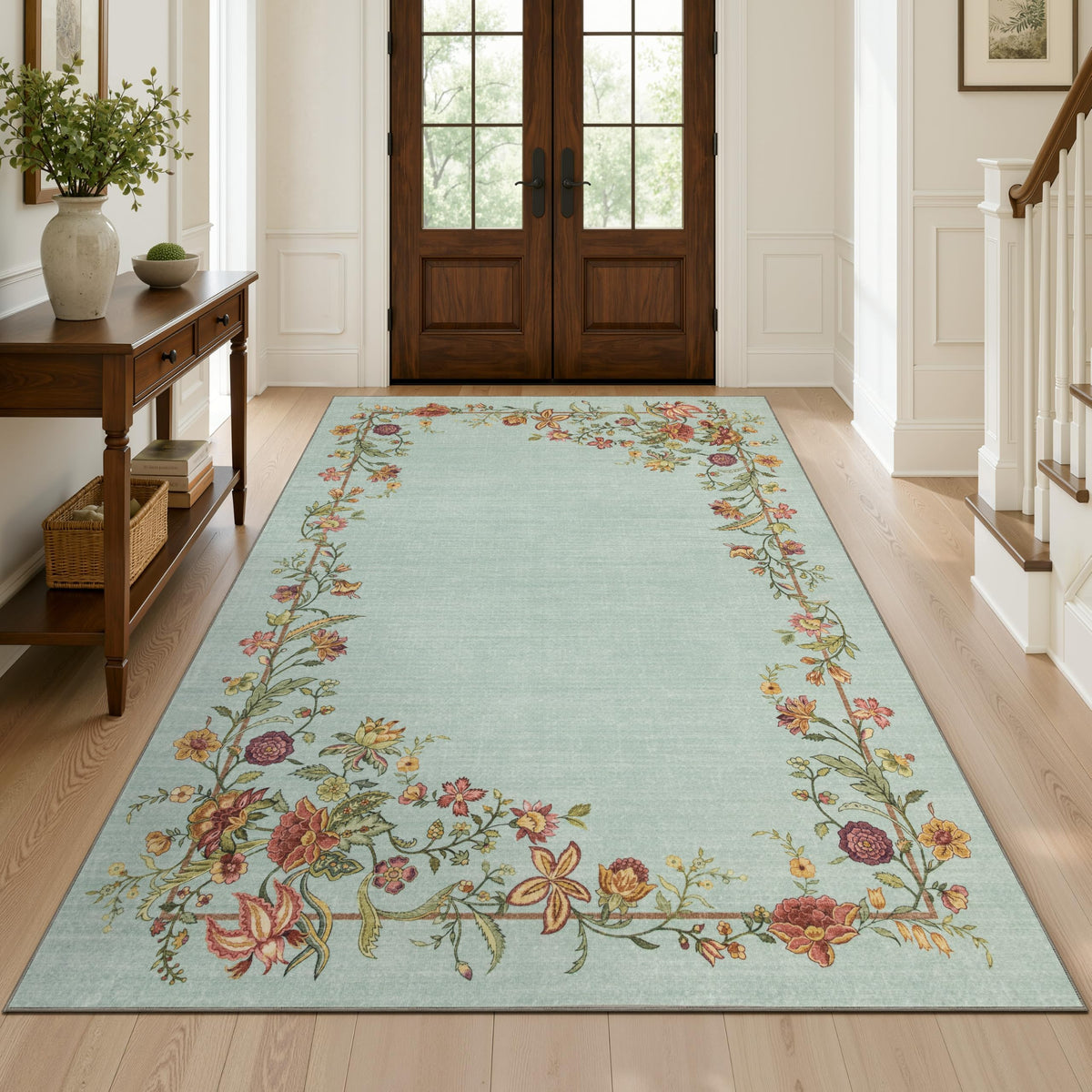 JOLLYVOGUE 4x6 Area Rug, Washable Rug Floral Border, Off-White