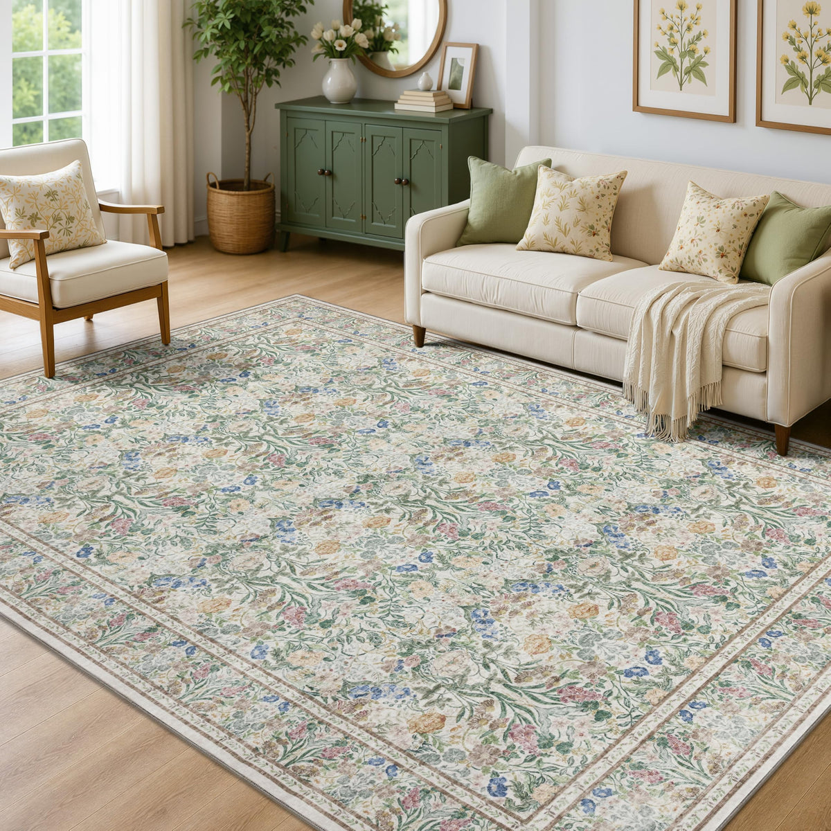 JOLLYVOGUE 6x9 Area Rug, Floral Washable Rug for Living Room, Beige/Blue