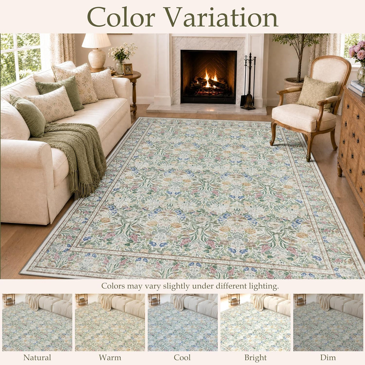 JOLLYVOGUE 6x9 Area Rug, Floral Washable Rug for Living Room, Beige/Blue