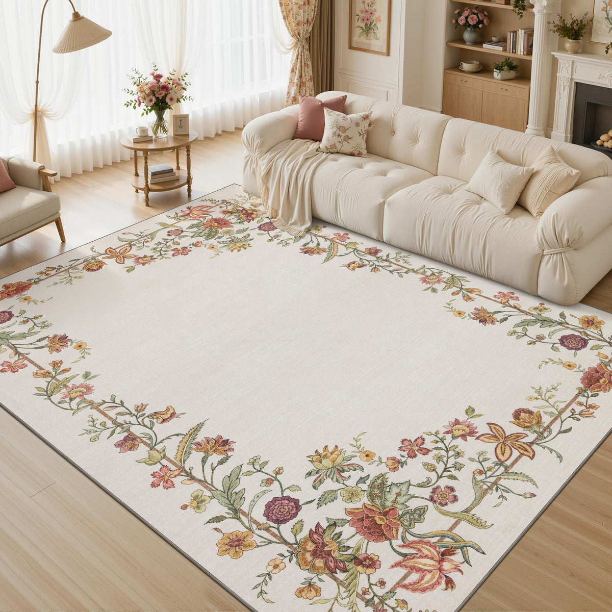 JOLLYVOGUE 4x6 Area Rug, Washable Rug Floral Border, Off-White
