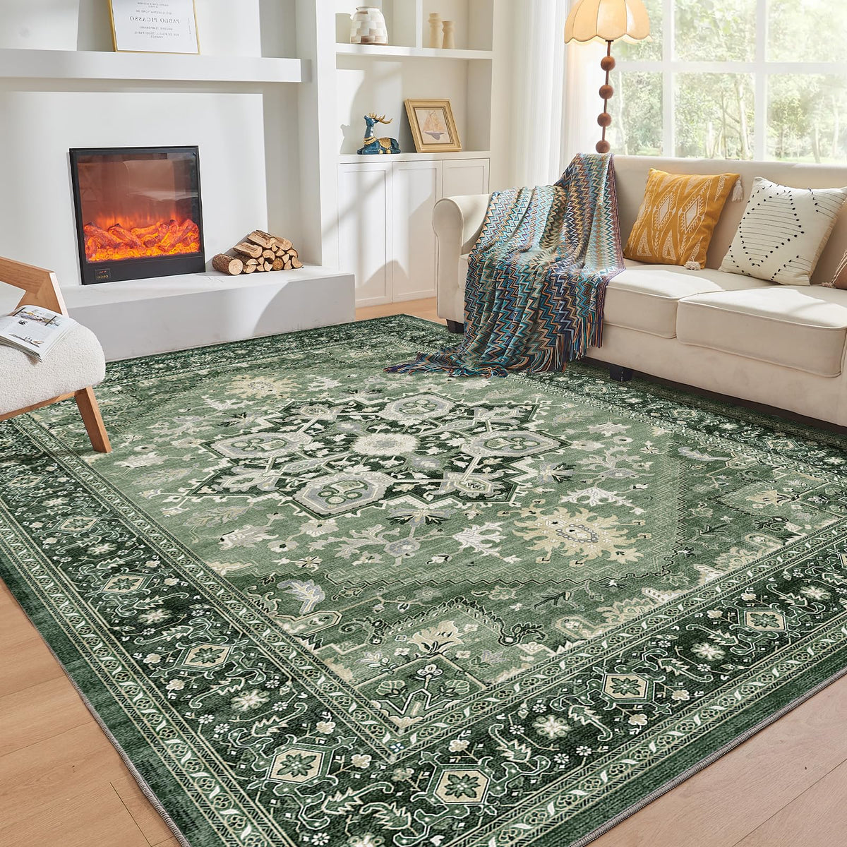 OPPODREAM Soft Area Rugs 5x7, Persian-Inspired Washable Rug, Blue & Gold
