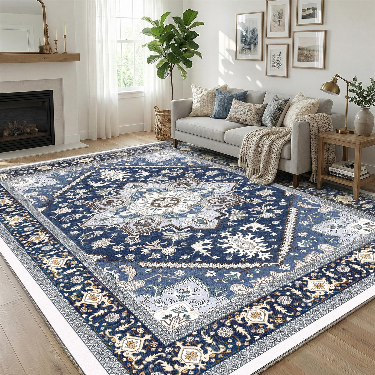 OPPODREAM Soft Area Rugs 5x7, Persian-Inspired Washable Rug, Blue & Gold