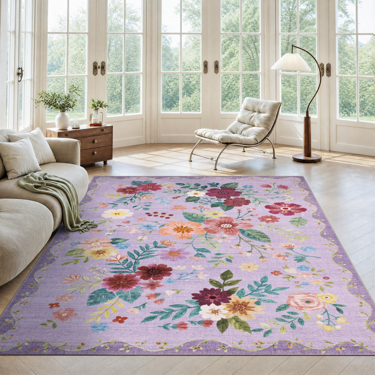 JOLLYVOGUE Floral Area Rug 5x7, Washable Rug for Living Room, Light Blue