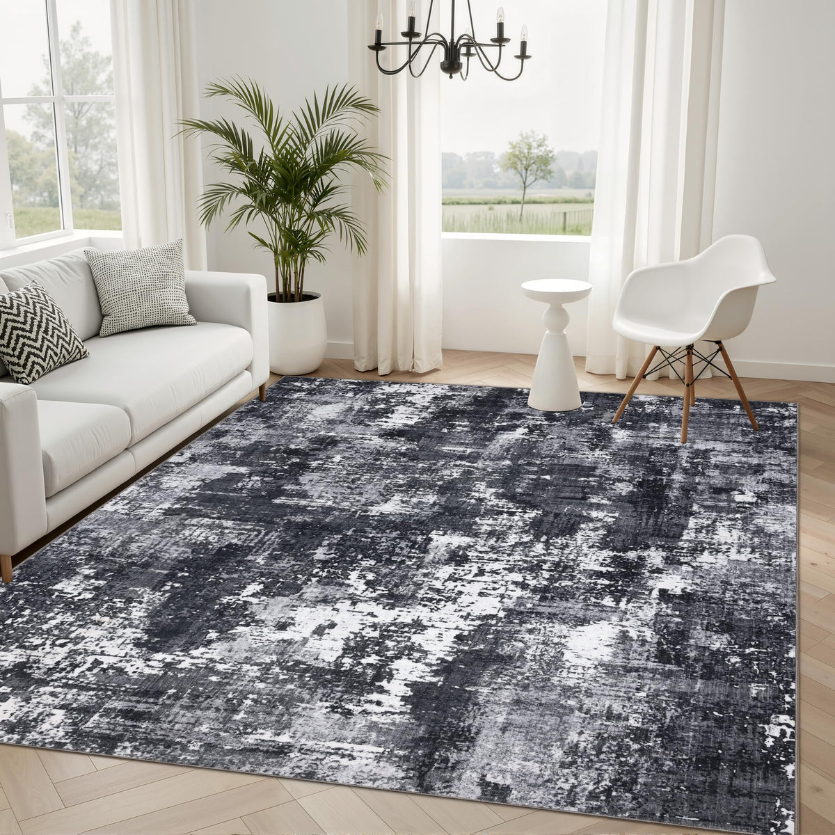 Sasttie 8x10 Washable Area Rug, Modern Abstract Large Carpet, Black & White