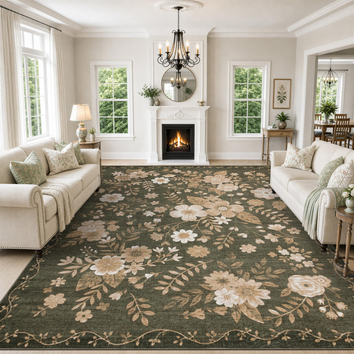 JOLLYVOGUE Floral Area Rug 5x7, Washable Rug for Living Room, Light Blue