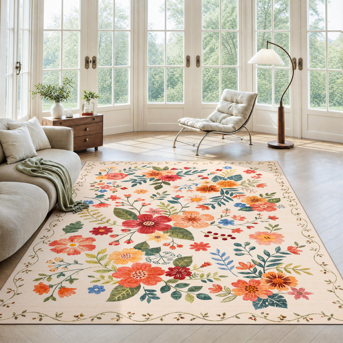 JOLLYVOGUE Floral Area Rug 5x7, Washable Rug for Living Room, Light Blue