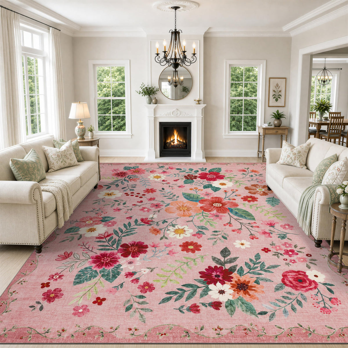 JOLLYVOGUE Floral Area Rug 5x7, Washable Rug for Living Room, Light Blue